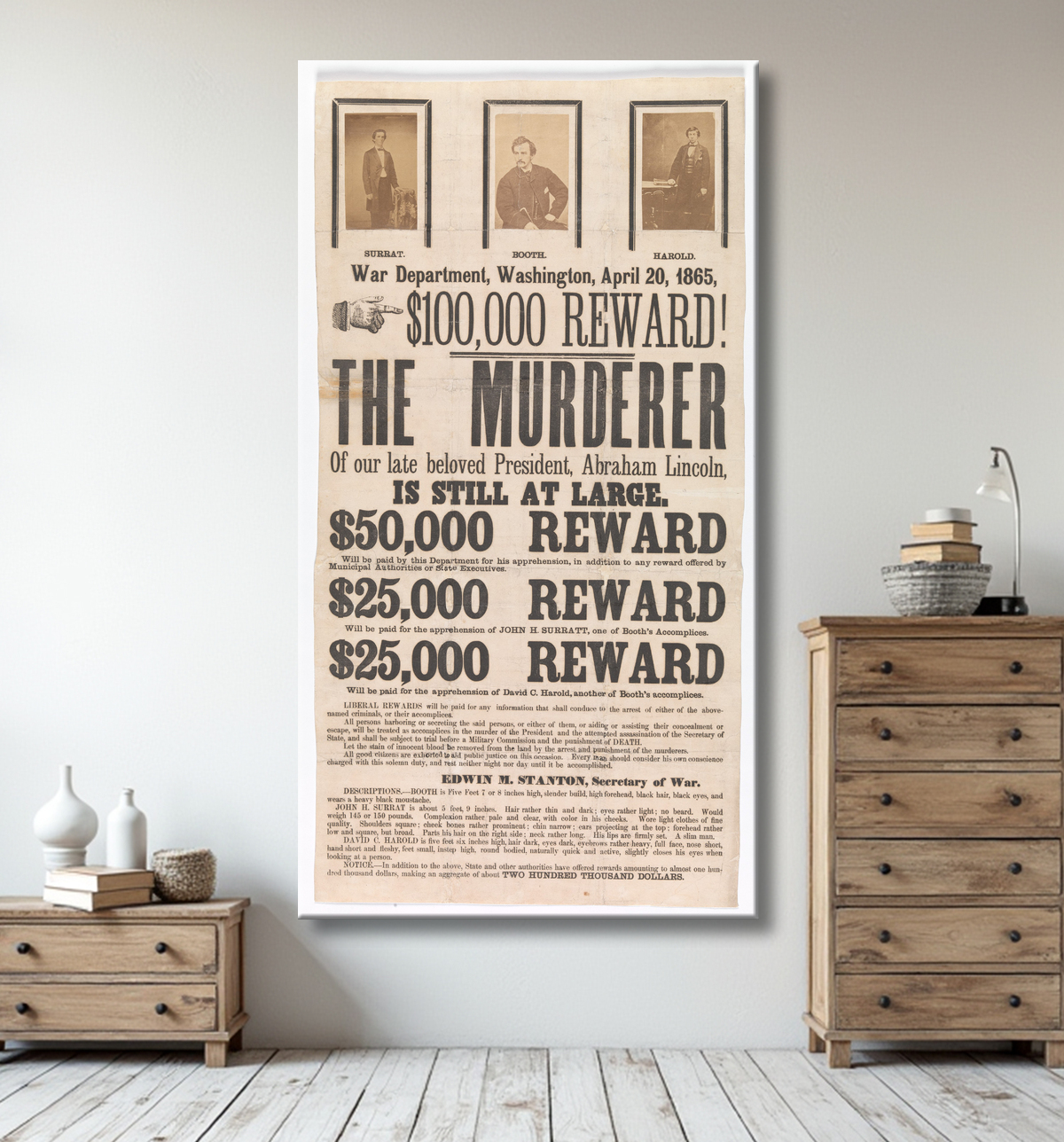Reproduction [Broadside pour la capture de John Wilkes Booth, John Surratt et David Herold] de Unknown avec decor