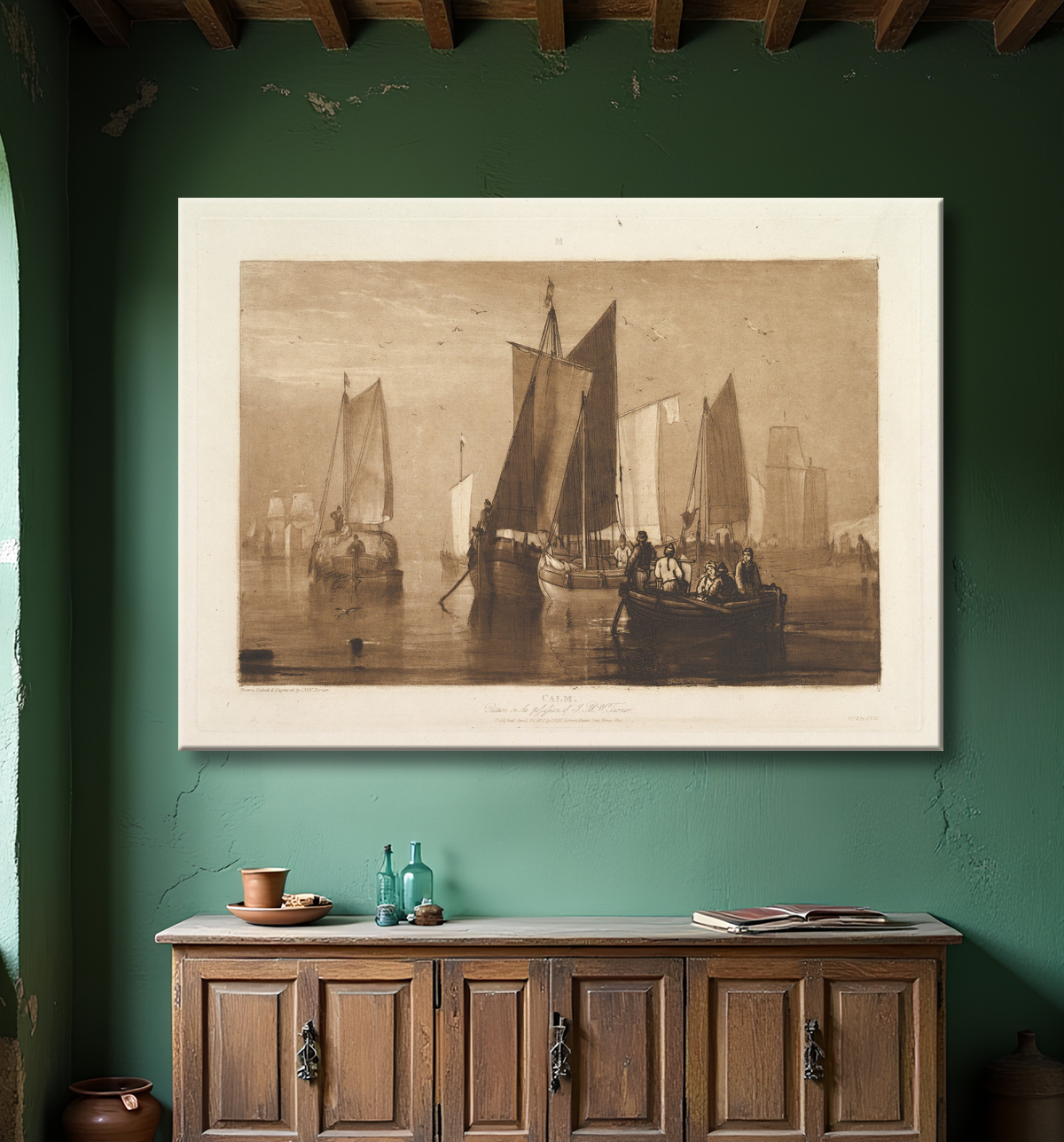 Reproduction Calme (Livre d'études, partie 9, planche 44) de Joseph Mallord William Turner avec decor