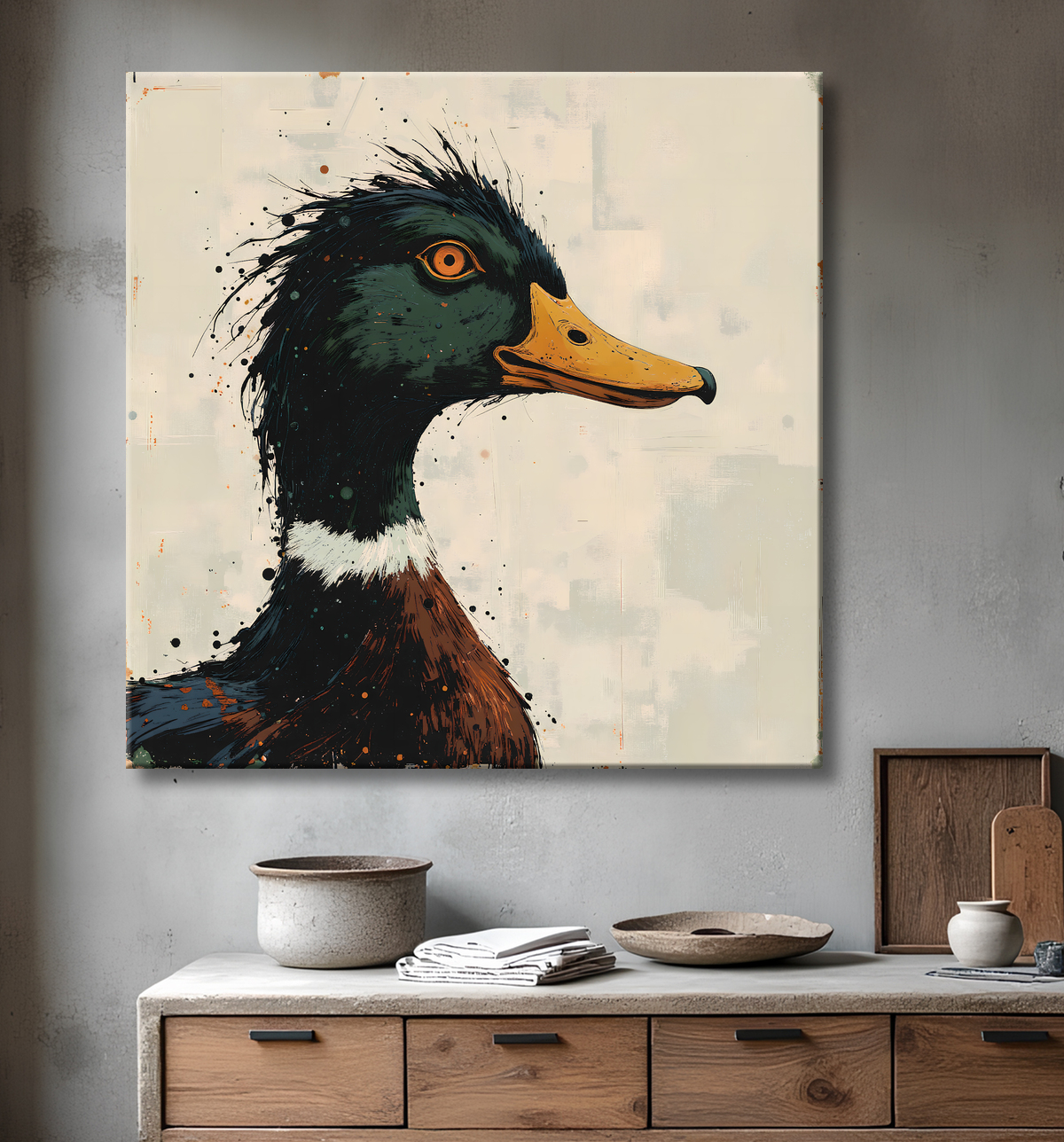 Tableau portrait canard col vert, peinture expressioniste avec decor
