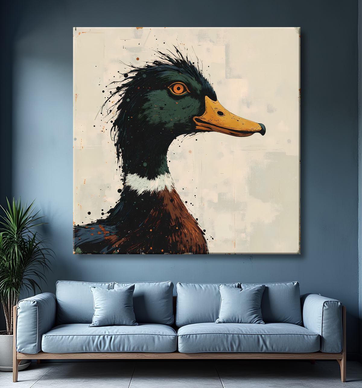 Tableau portrait canard col vert, peinture expressioniste avec decor