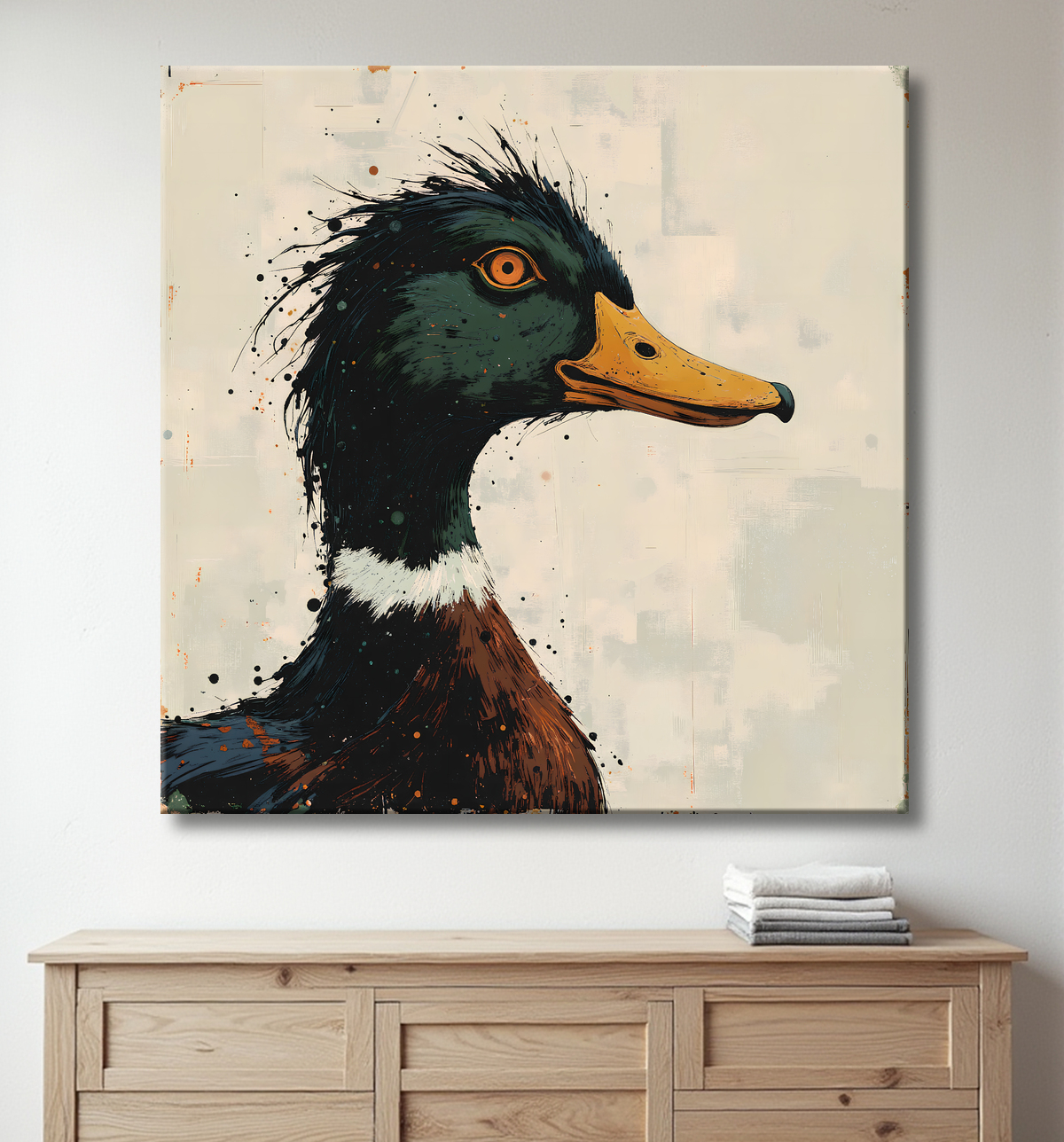 Tableau portrait canard col vert, peinture expressioniste avec decor