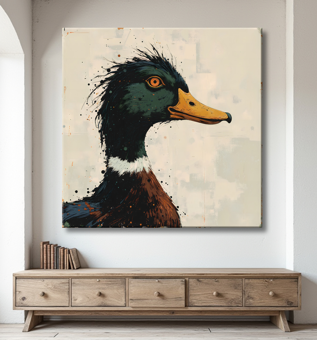 Tableau portrait canard col vert, peinture expressioniste avec decor