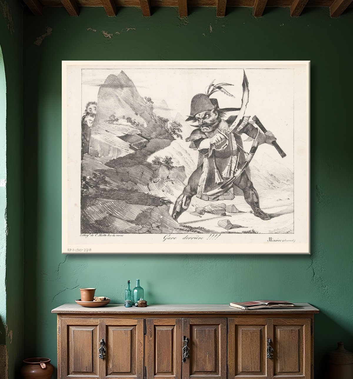 Reproduction Caricature d'un général frappant les rochers avec son cimeterre de Eugène Delacroix avec decor