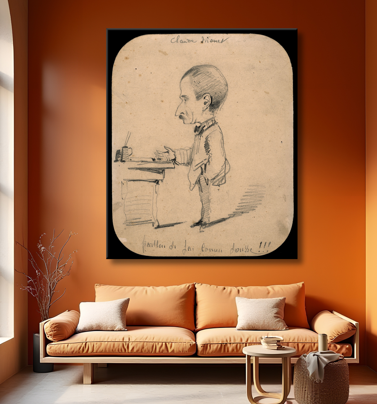 Reproduction Caricature d'un homme debout par bureau (recto) ; Croquis de la tête masculine de profil (verso) de Claude Monet avec decor