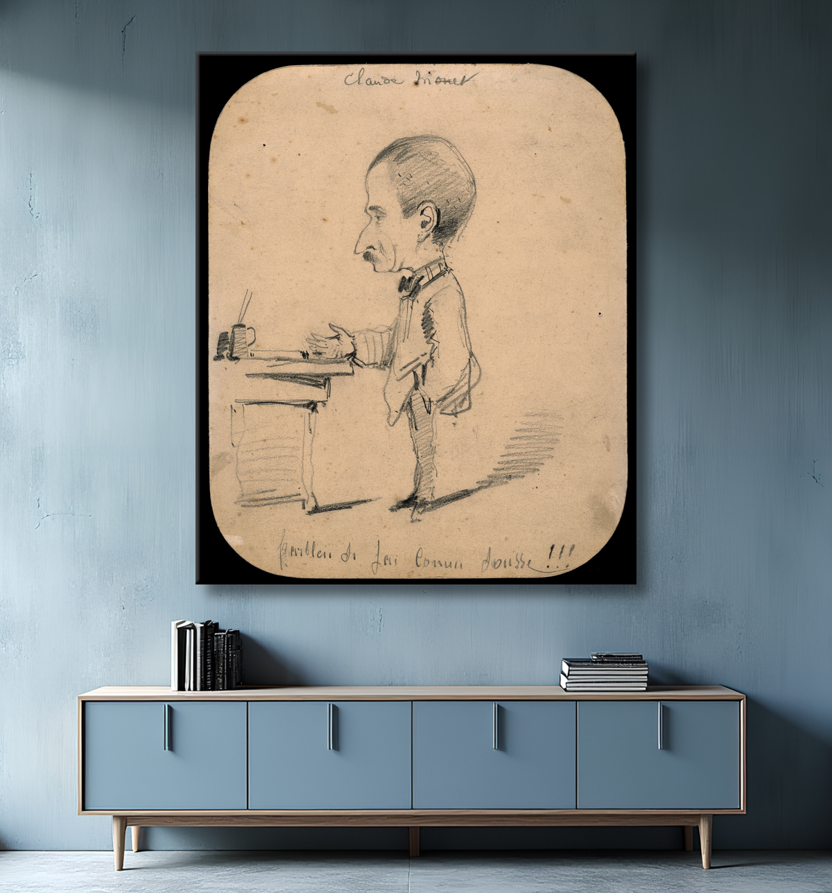 Reproduction Caricature d'un homme debout par bureau (recto) ; Croquis de la tête masculine de profil (verso) de Claude Monet avec decor