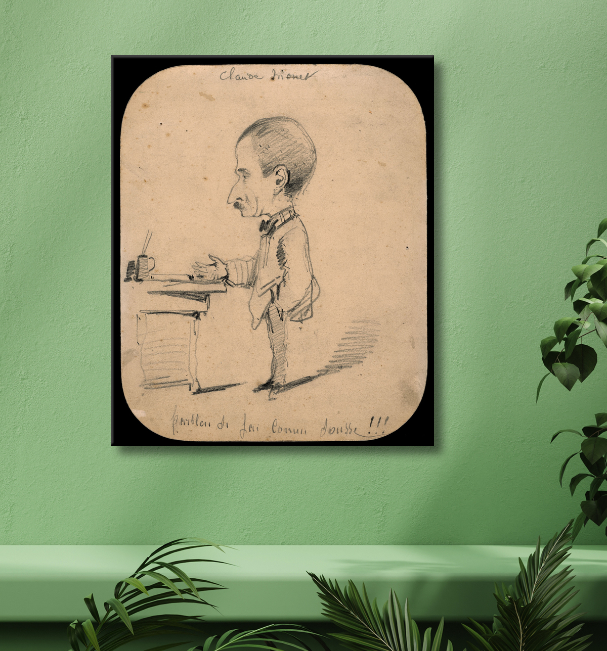 Reproduction Caricature d'un homme debout par bureau (recto) ; Croquis de la tête masculine de profil (verso) de Claude Monet avec decor