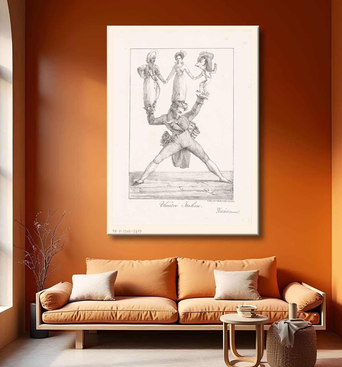 Reproduction Caricature du compositeur Rossini avec trois figures de théâtre de Eugène Delacroix avec decor