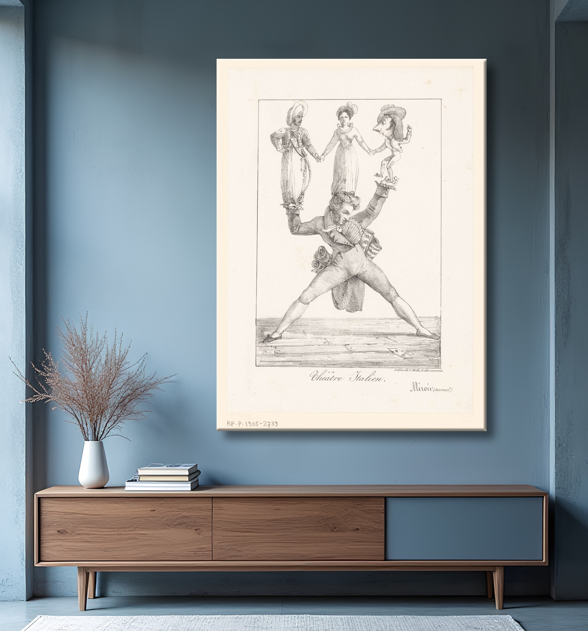 Reproduction Caricature du compositeur Rossini avec trois figures de théâtre de Eugène Delacroix avec decor