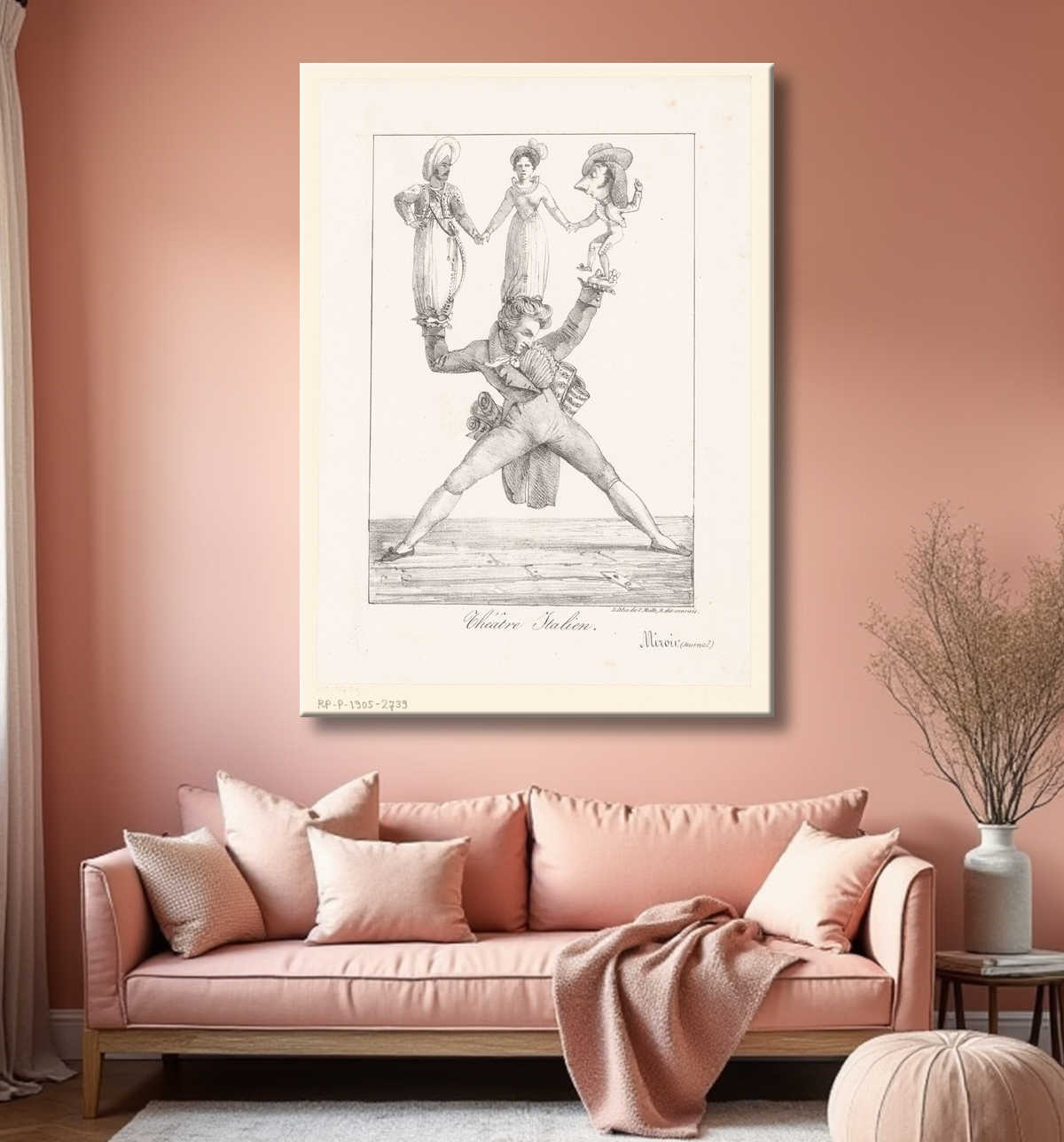 Reproduction Caricature du compositeur Rossini avec trois figures de théâtre de Eugène Delacroix avec decor