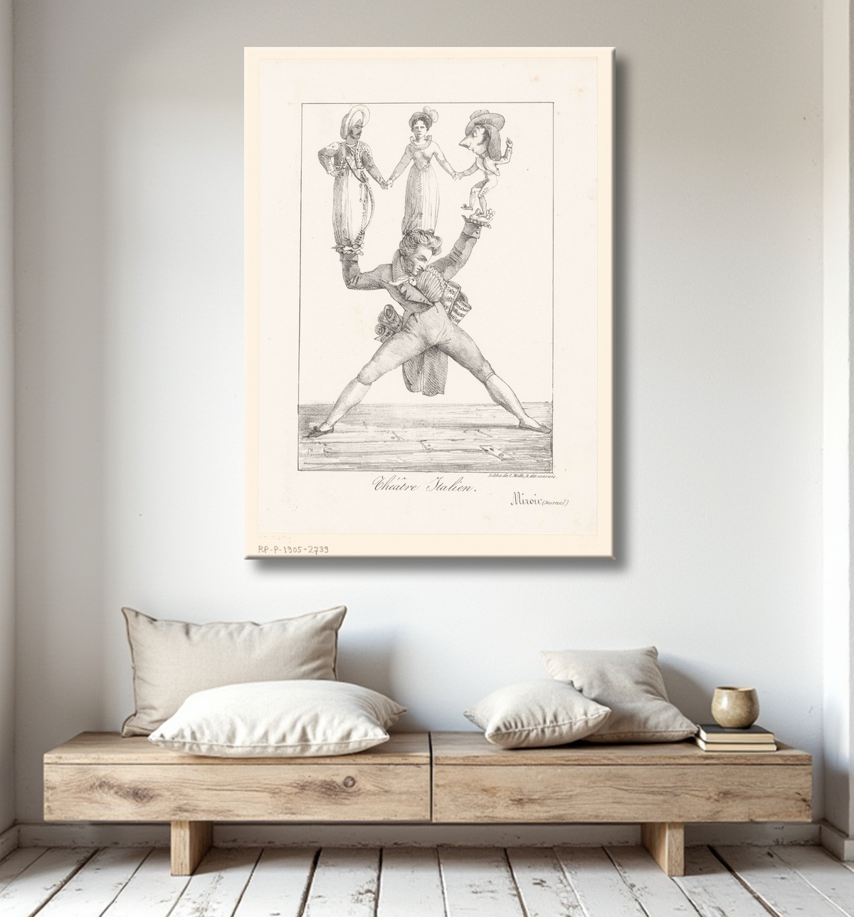 Reproduction Caricature du compositeur Rossini avec trois figures de théâtre de Eugène Delacroix avec decor