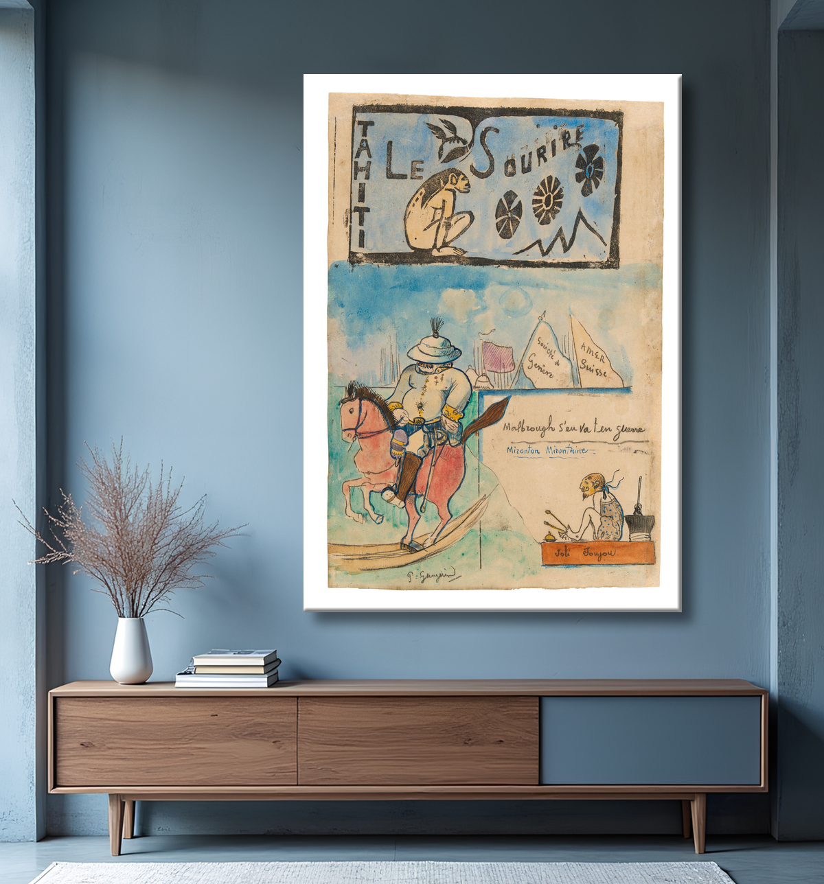 Reproduction Caricatures de Gauguin et du gouverneur Gallet, avec coiffe de Le sourire de Paul Gauguin avec decor