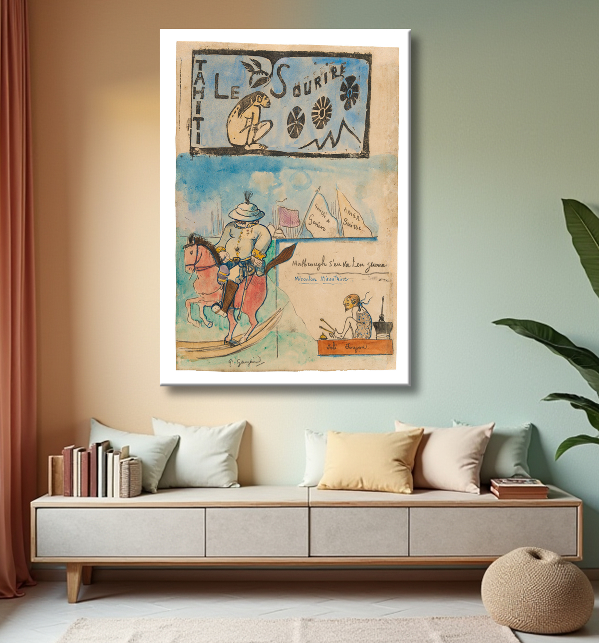 Reproduction Caricatures de Gauguin et du gouverneur Gallet, avec coiffe de Le sourire de Paul Gauguin avec decor