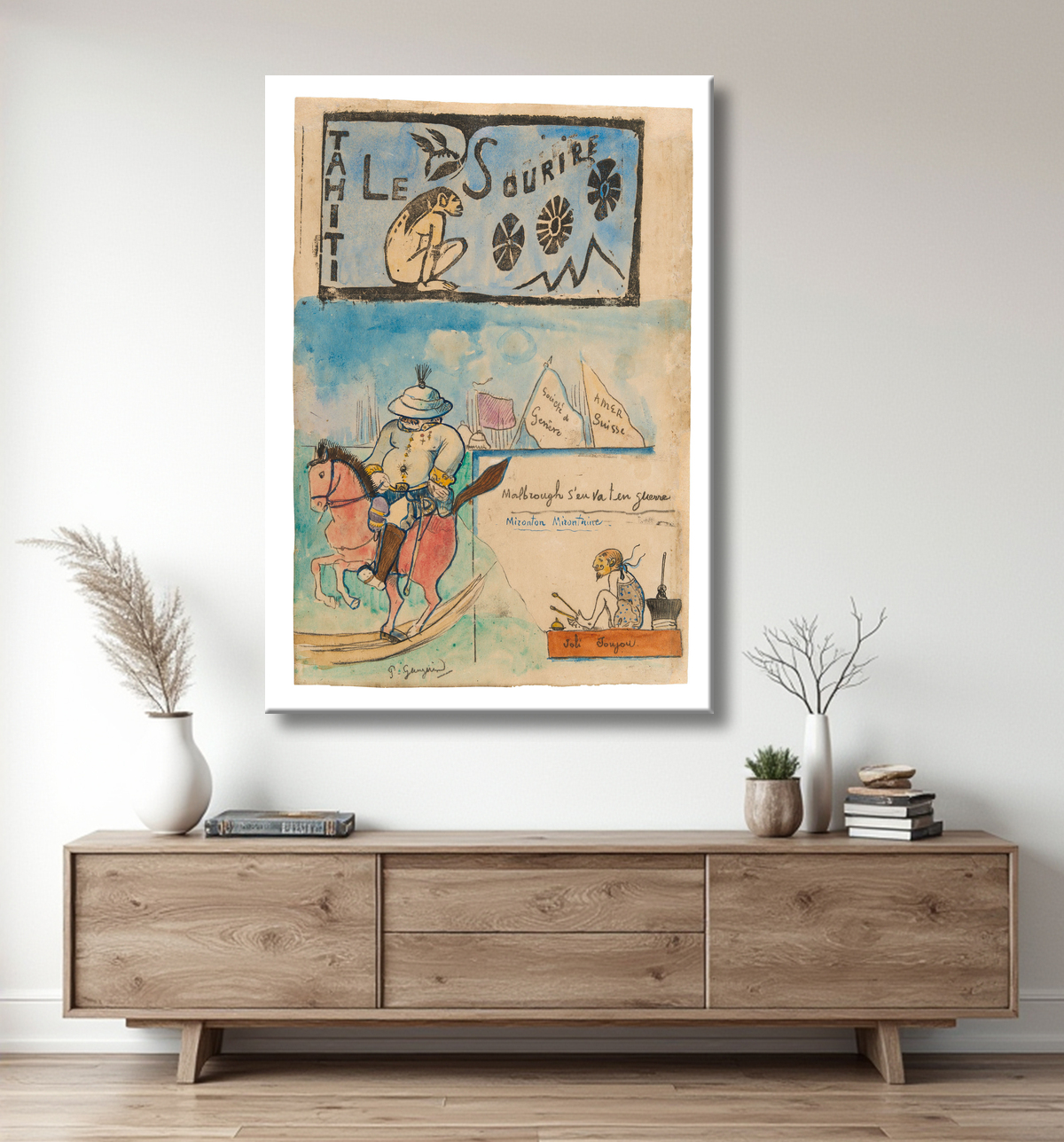 Reproduction Caricatures de Gauguin et du gouverneur Gallet, avec coiffe de Le sourire de Paul Gauguin avec decor