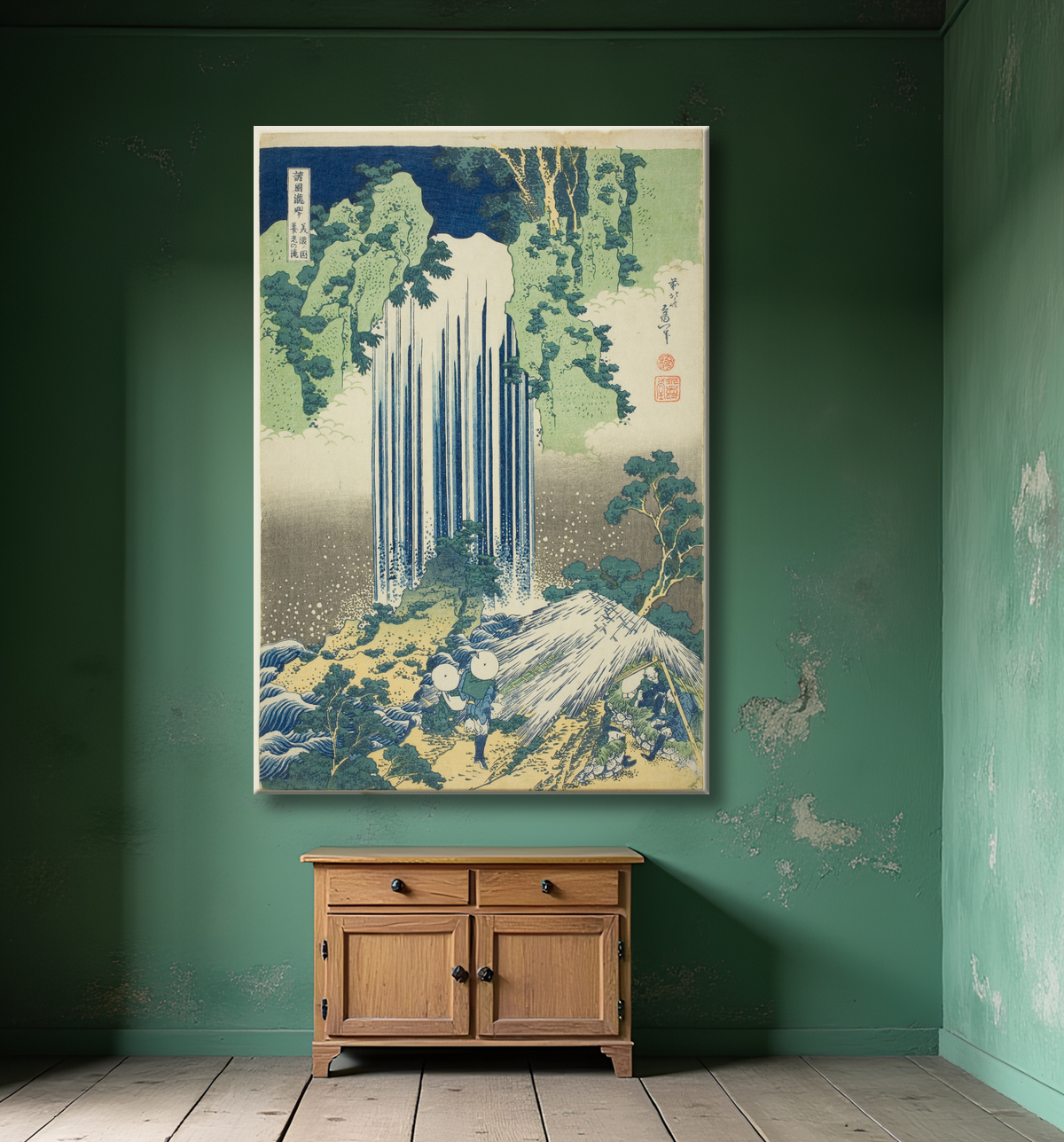 Reproduction Cascade de Yoro dans la province de Mino (Mino no kuni Yoro no taki), de la série Tour des cascades dans diverses provinces (Shokoku Takimeguri) de Katsushika Hokusai avec decor