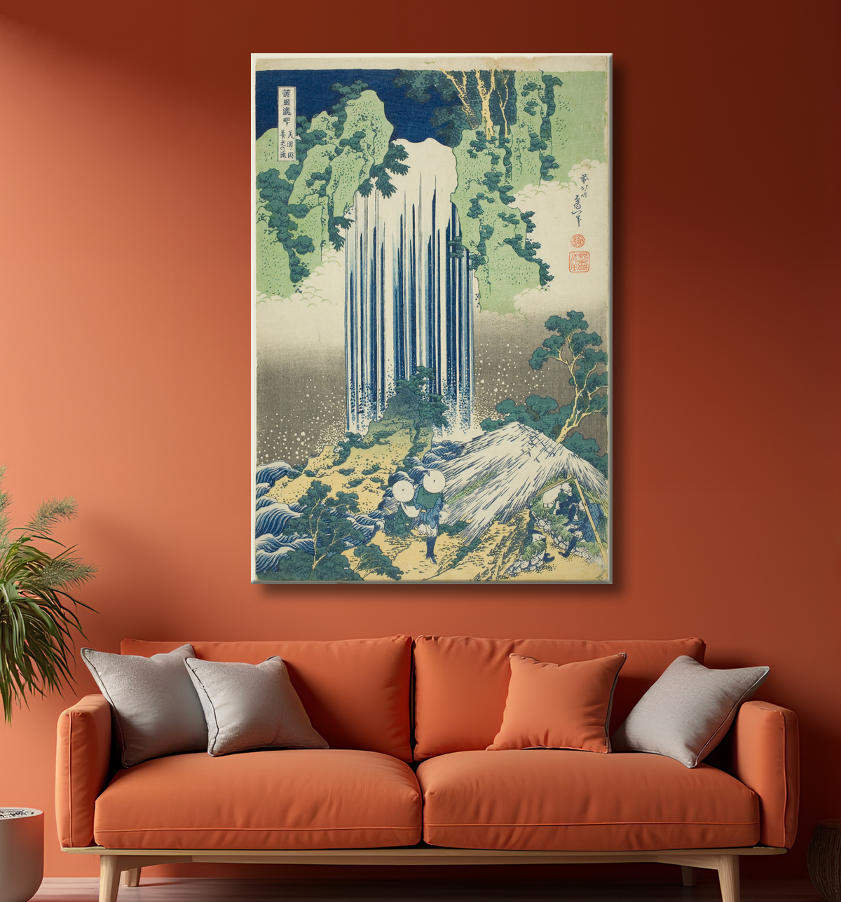 Reproduction Cascade de Yoro dans la province de Mino (Mino no kuni Yoro no taki), de la série Tour des cascades dans diverses provinces (Shokoku Takimeguri) de Katsushika Hokusai avec decor