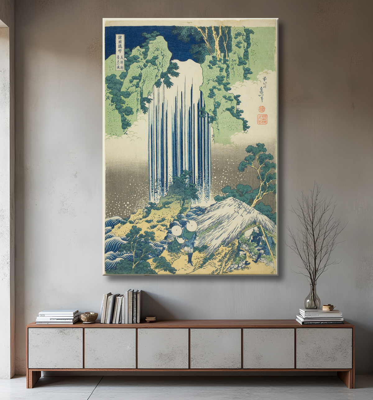 Reproduction Cascade de Yoro dans la province de Mino (Mino no kuni Yoro no taki), de la série Tour des cascades dans diverses provinces (Shokoku Takimeguri) de Katsushika Hokusai avec decor
