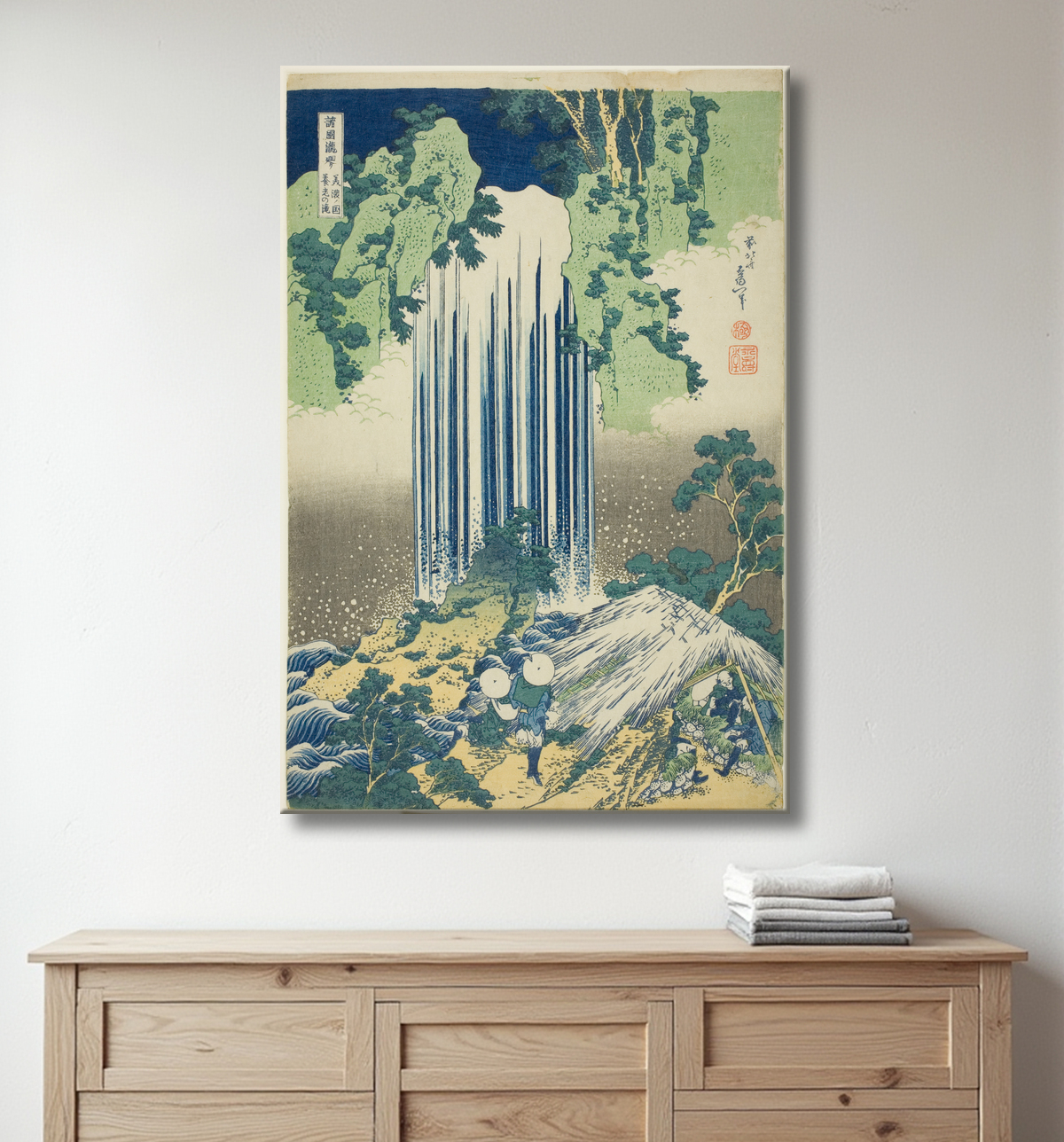 Reproduction Cascade de Yoro dans la province de Mino (Mino no kuni Yoro no taki), de la série Tour des cascades dans diverses provinces (Shokoku Takimeguri) de Katsushika Hokusai avec decor