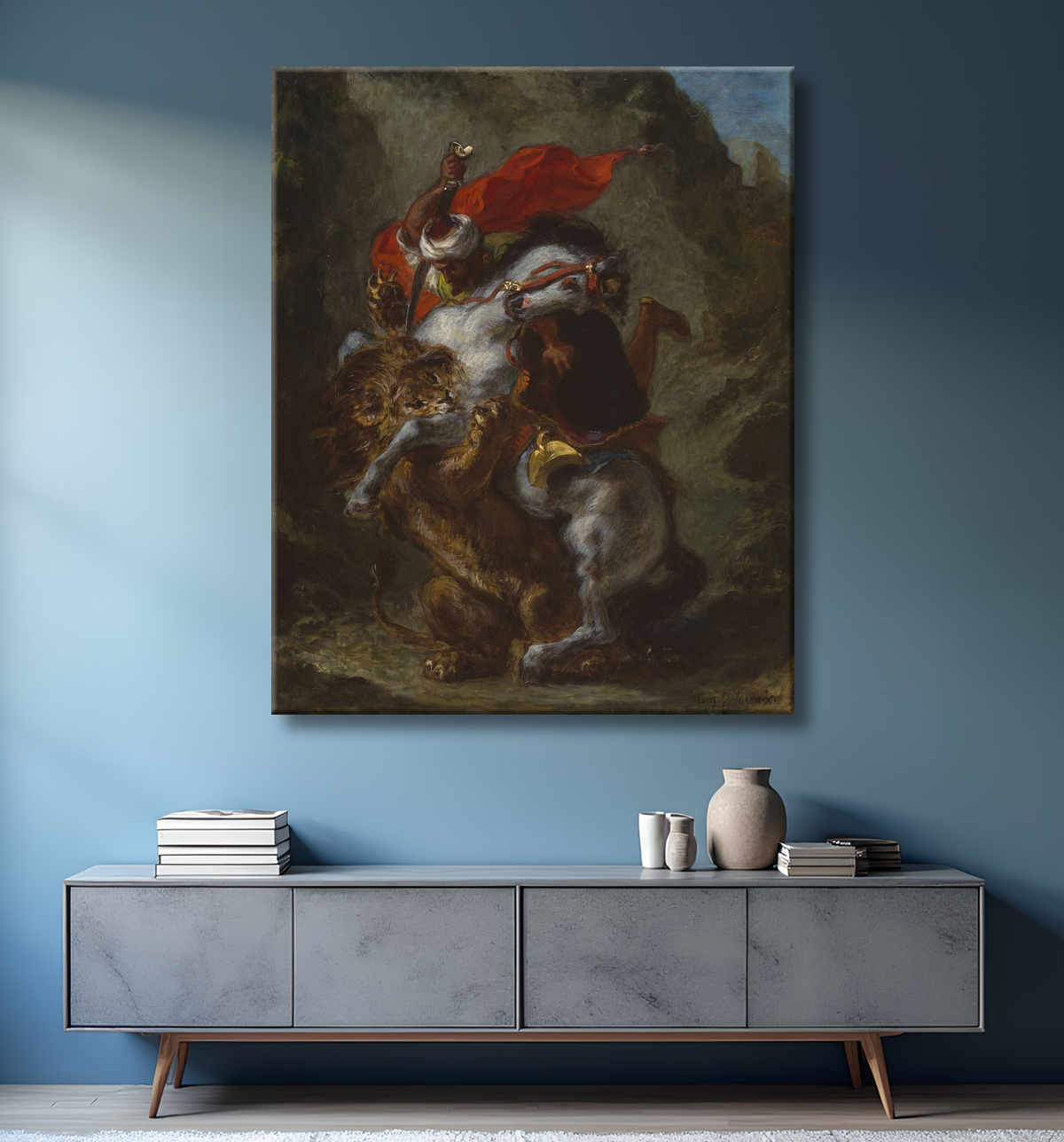 Reproduction Cavalier arabe attaqué par un lion de Eugène Delacroix avec decor