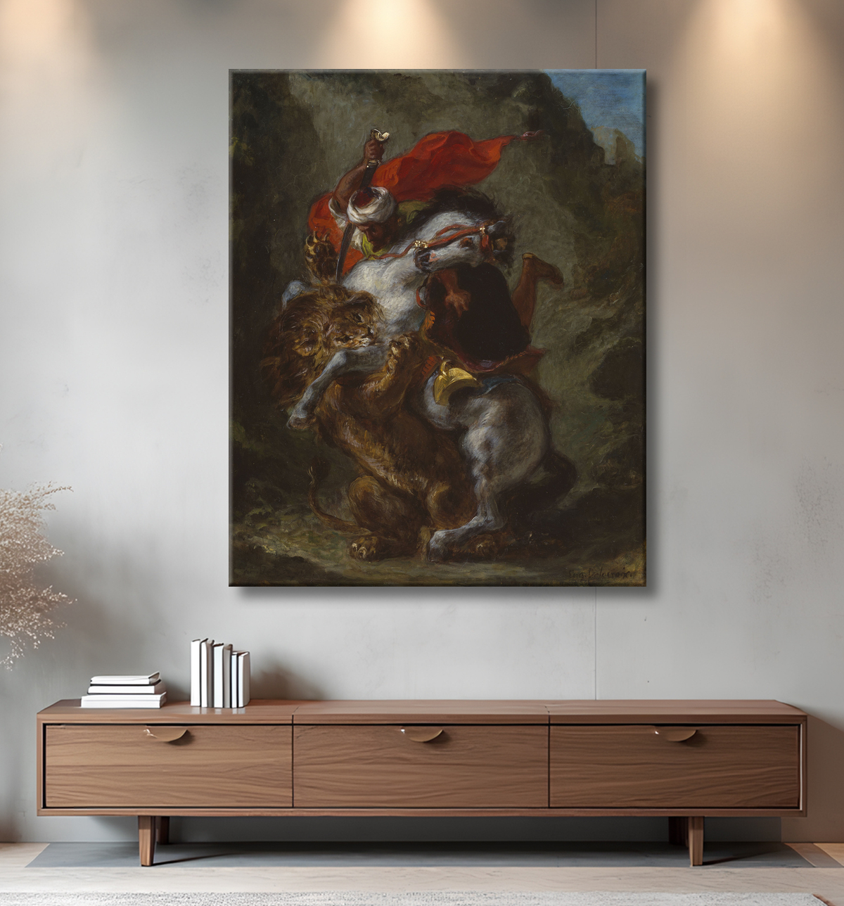 Reproduction Cavalier arabe attaqué par un lion de Eugène Delacroix avec decor