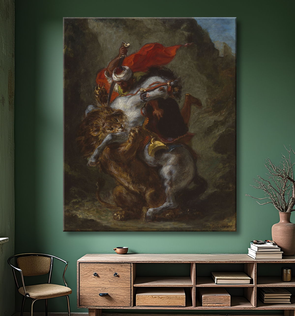 Reproduction Cavalier arabe attaqué par un lion de Eugène Delacroix avec decor