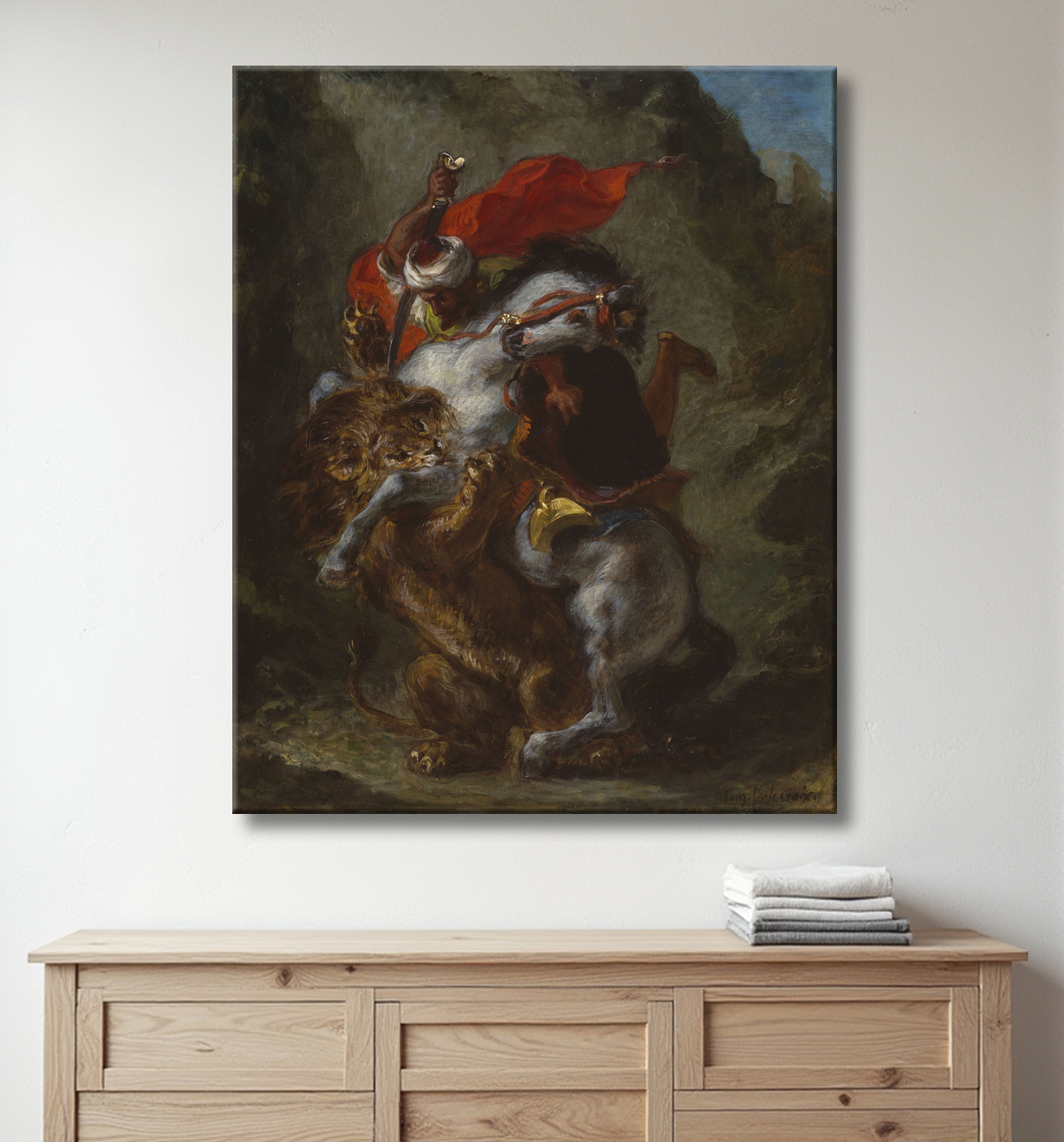 Reproduction Cavalier arabe attaqué par un lion de Eugène Delacroix avec decor