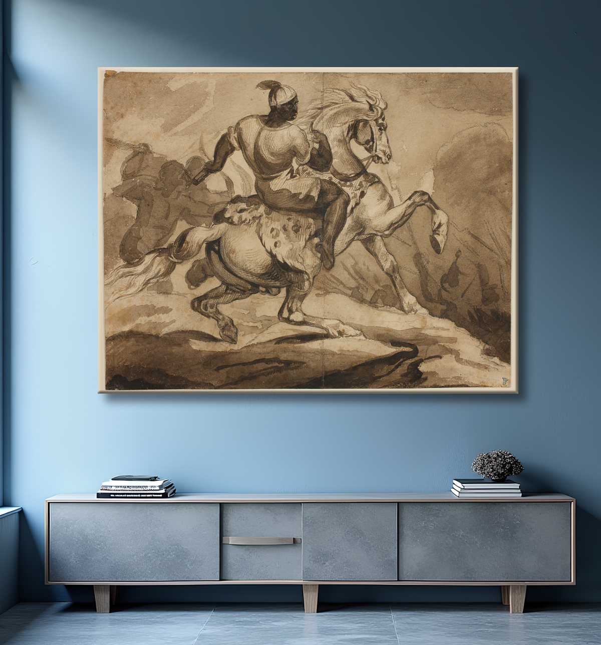 Reproduction Cavalier haïtien (scène des "guerres coloniales françaises") de Jean Louis André Théodore Géricault avec decor
