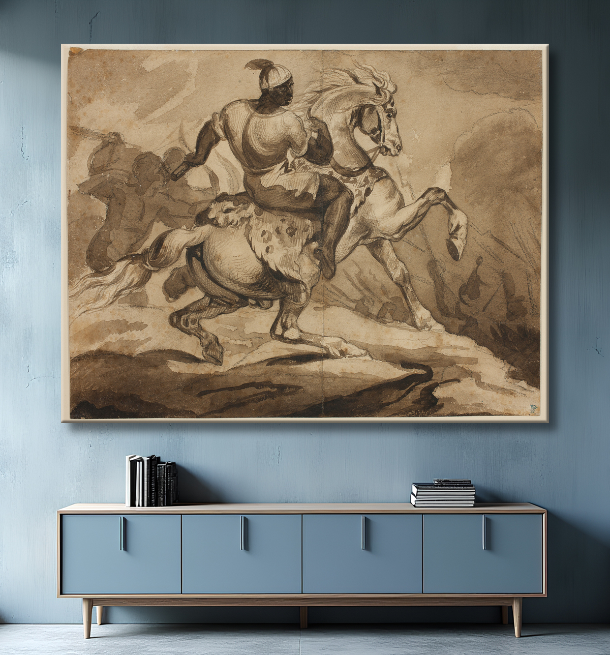 Reproduction Cavalier haïtien (scène des "guerres coloniales françaises") de Jean Louis André Théodore Géricault avec decor