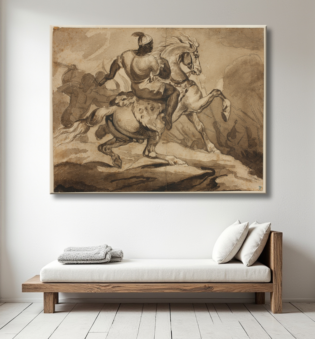 Reproduction Cavalier haïtien (scène des "guerres coloniales françaises") de Jean Louis André Théodore Géricault avec decor