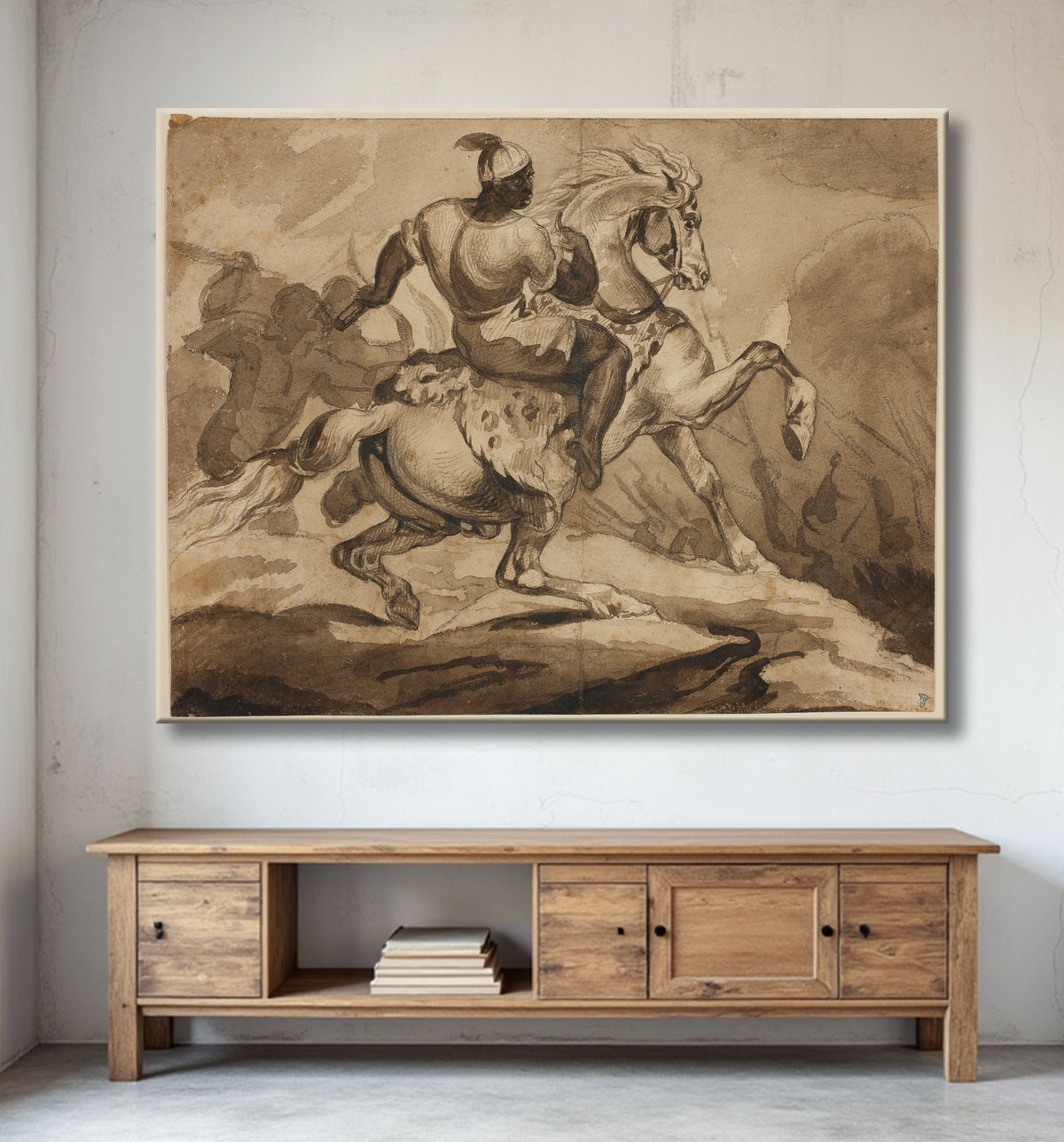 Reproduction Cavalier haïtien (scène des "guerres coloniales françaises") de Jean Louis André Théodore Géricault avec decor