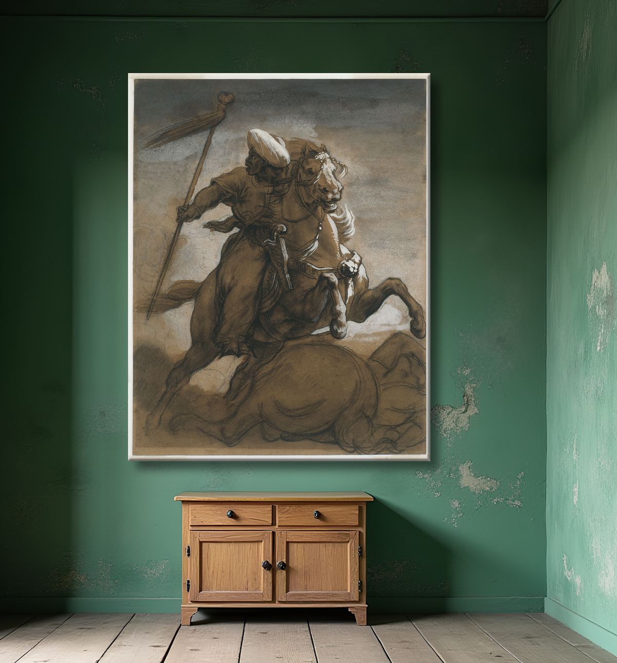 Reproduction Cavalier turc au combat de Jean Louis André Théodore Géricault avec decor