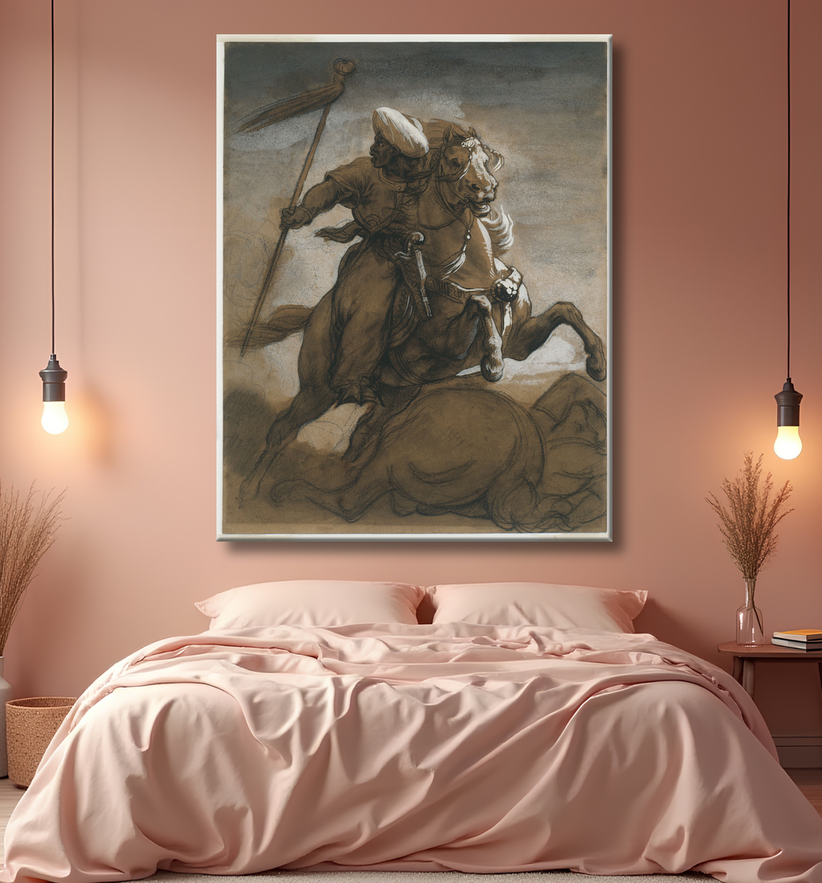 Reproduction Cavalier turc au combat de Jean Louis André Théodore Géricault avec decor
