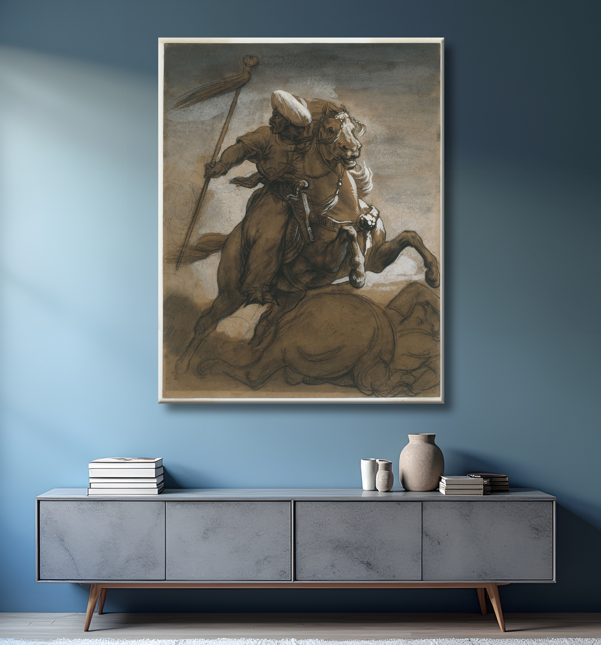 Reproduction Cavalier turc au combat de Jean Louis André Théodore Géricault avec decor