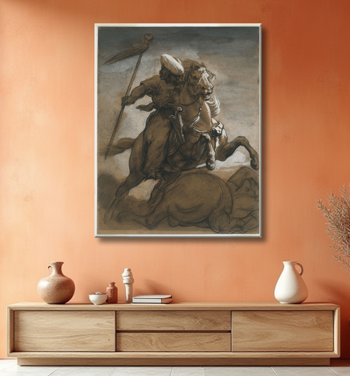 Reproduction Cavalier turc au combat de Jean Louis André Théodore Géricault avec decor