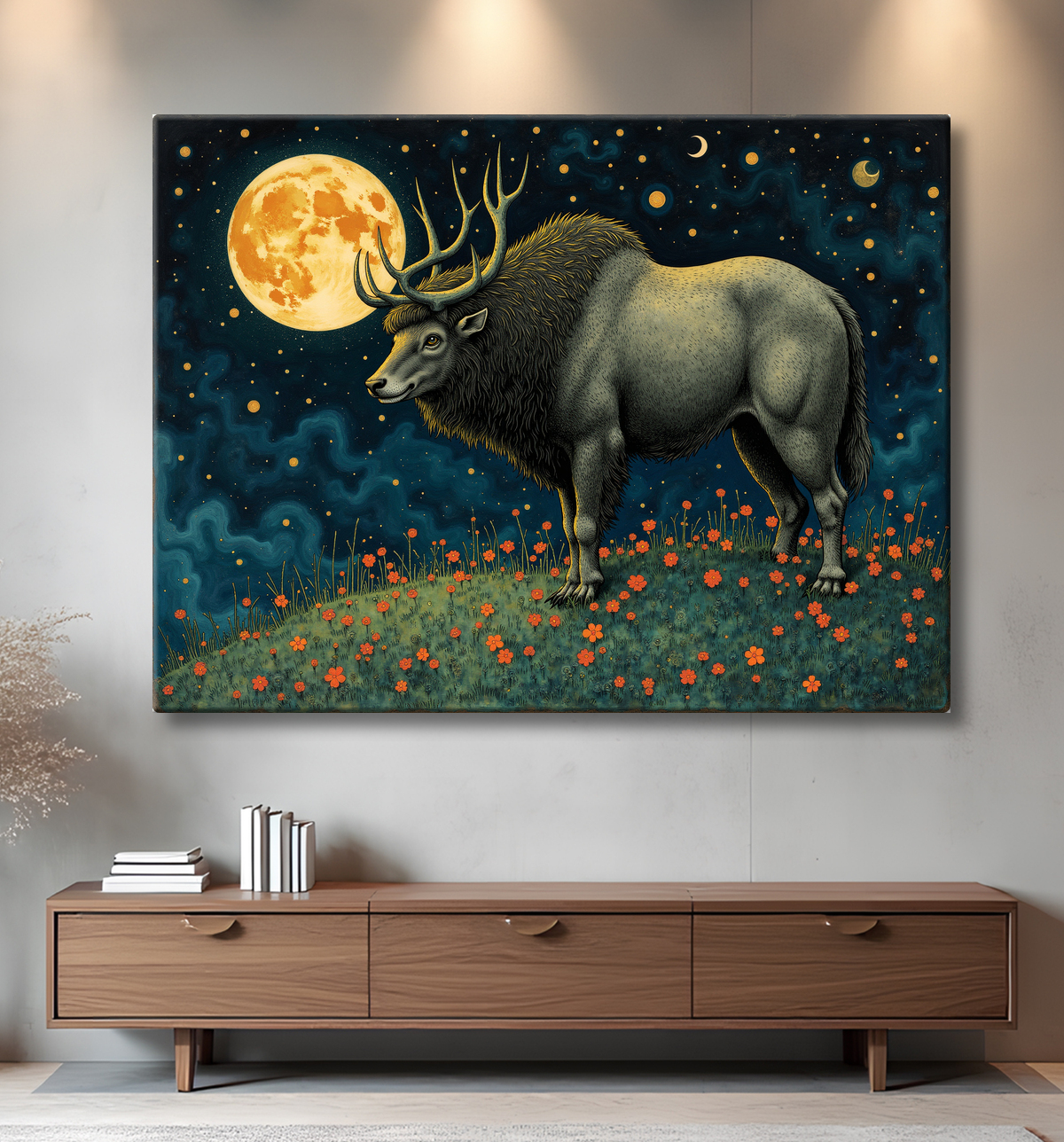 Tableau illustré cerf majestueux sous les étoiles avec decor