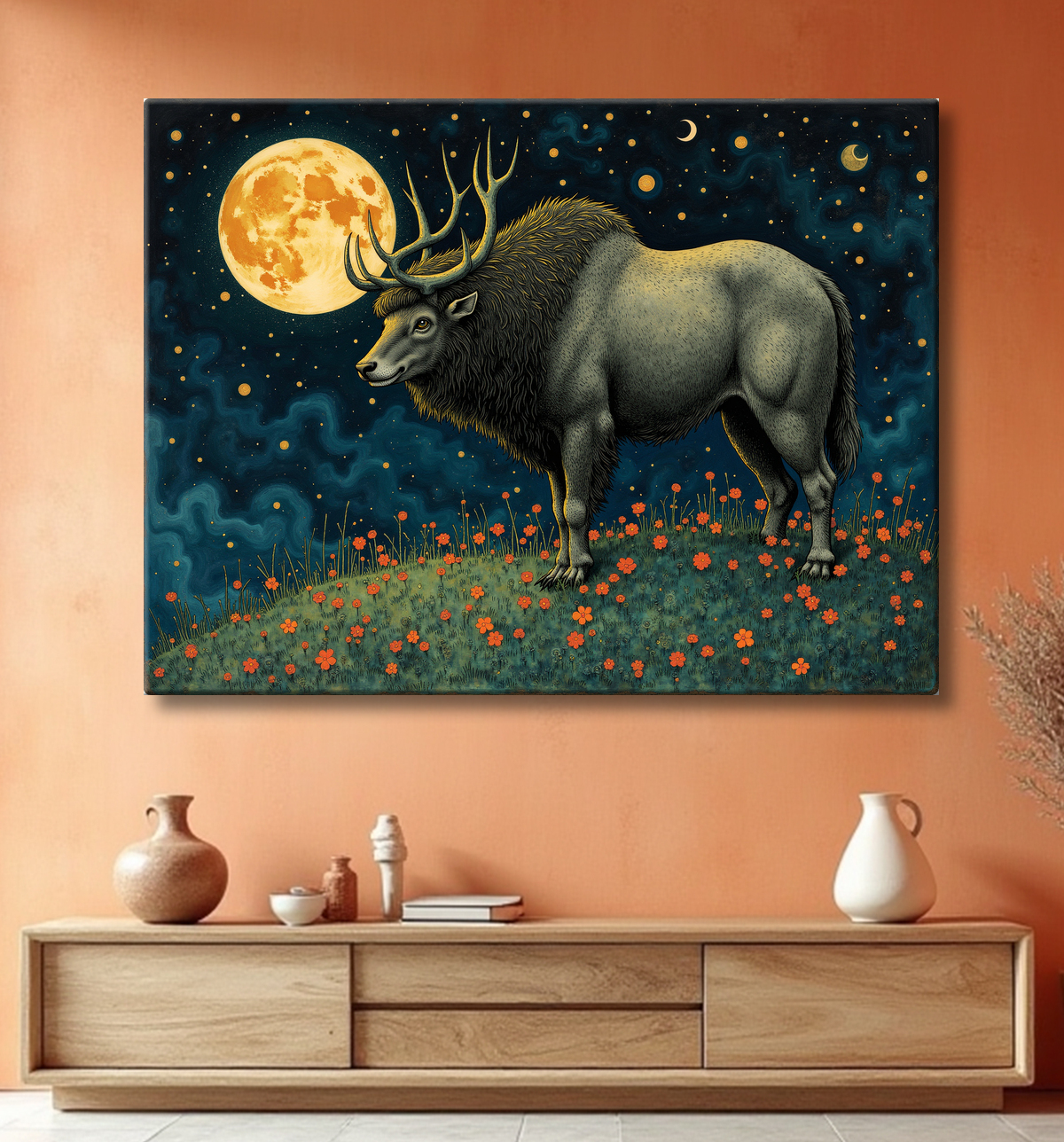 Tableau illustré cerf majestueux sous les étoiles avec decor