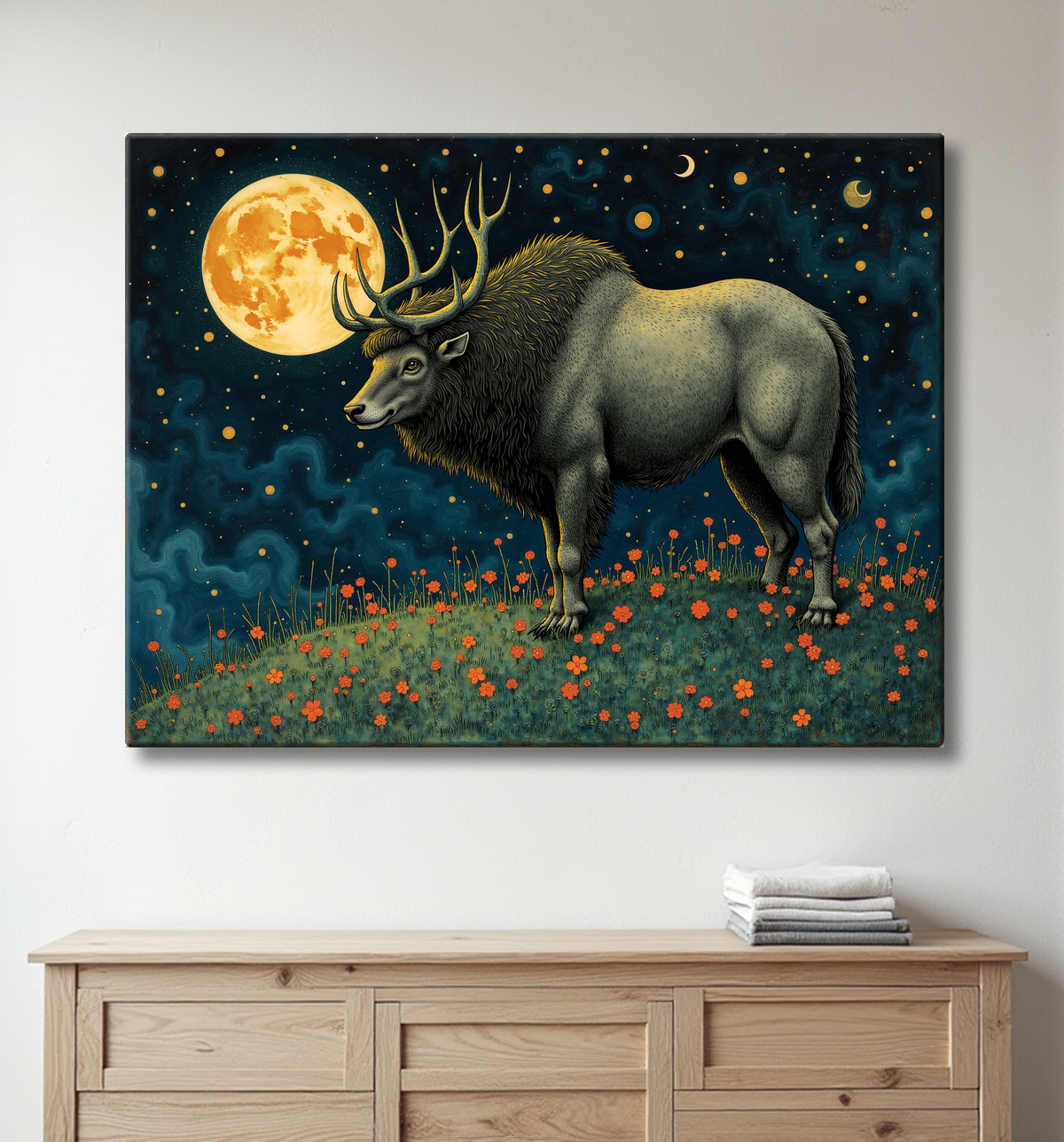 Tableau illustré cerf majestueux sous les étoiles avec decor