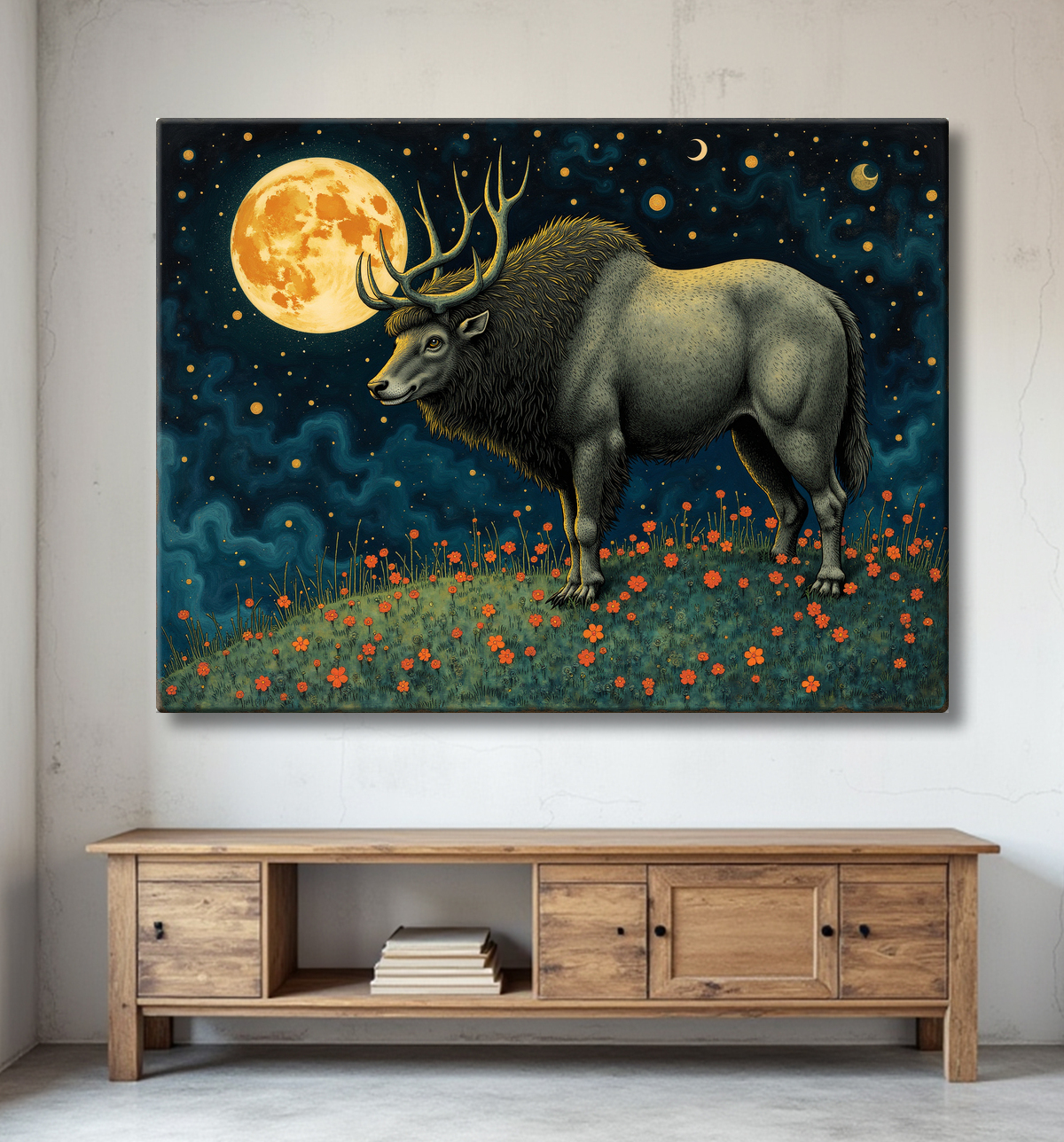Tableau illustré cerf majestueux sous les étoiles avec decor
