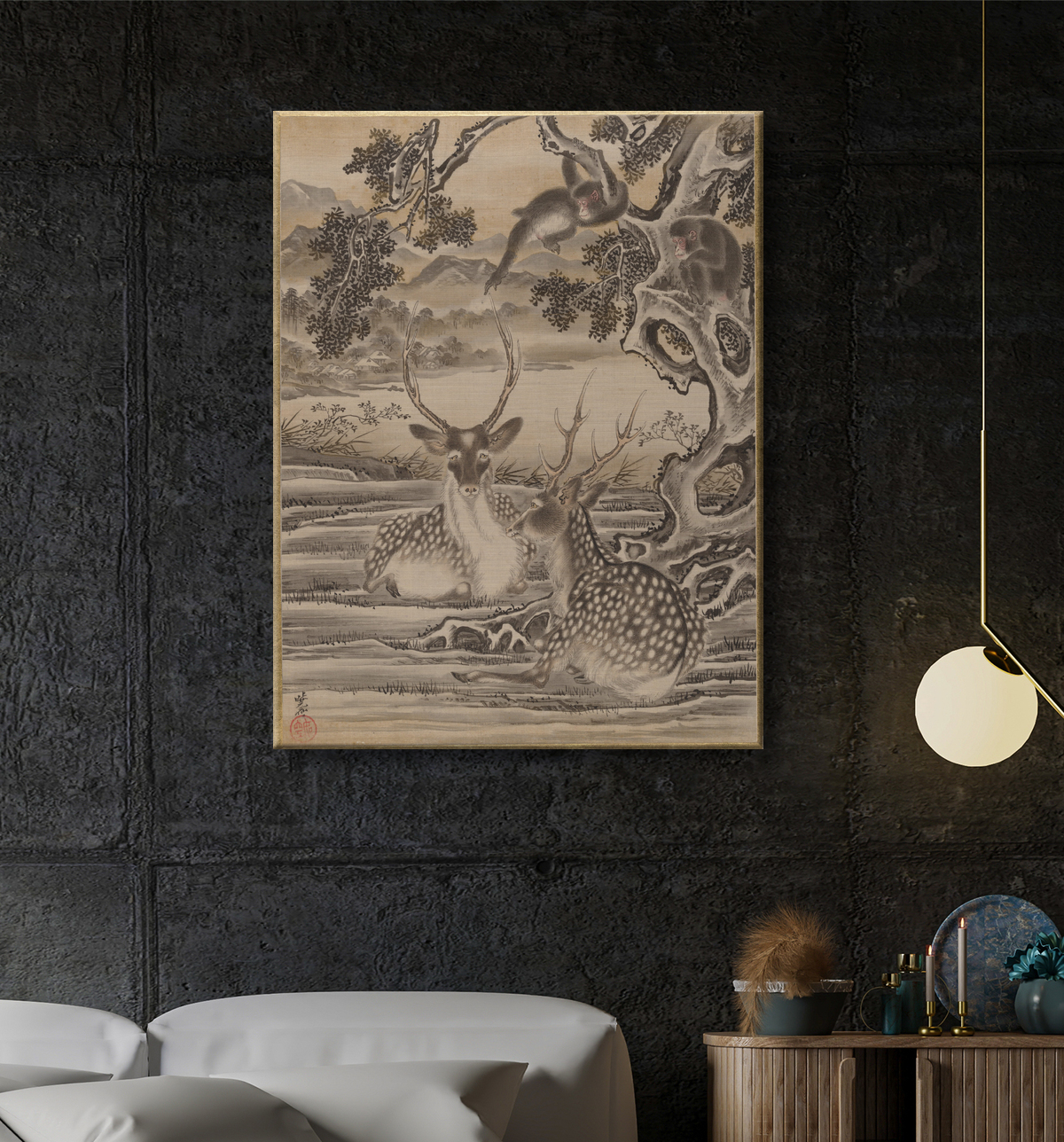 Reproduction Cerf et singes de Kawanabe Kyōsai 河鍋暁斎 avec decor