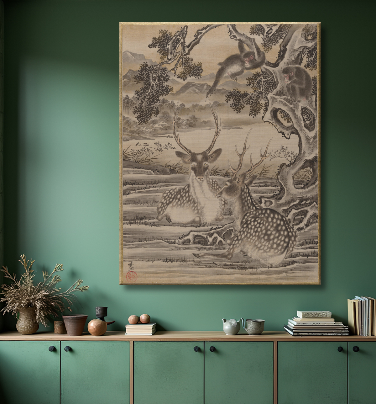 Reproduction Cerf et singes de Kawanabe Kyōsai 河鍋暁斎 avec decor