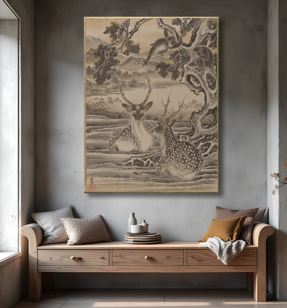 Reproduction Cerf et singes de Kawanabe Kyōsai 河鍋暁斎 avec decor