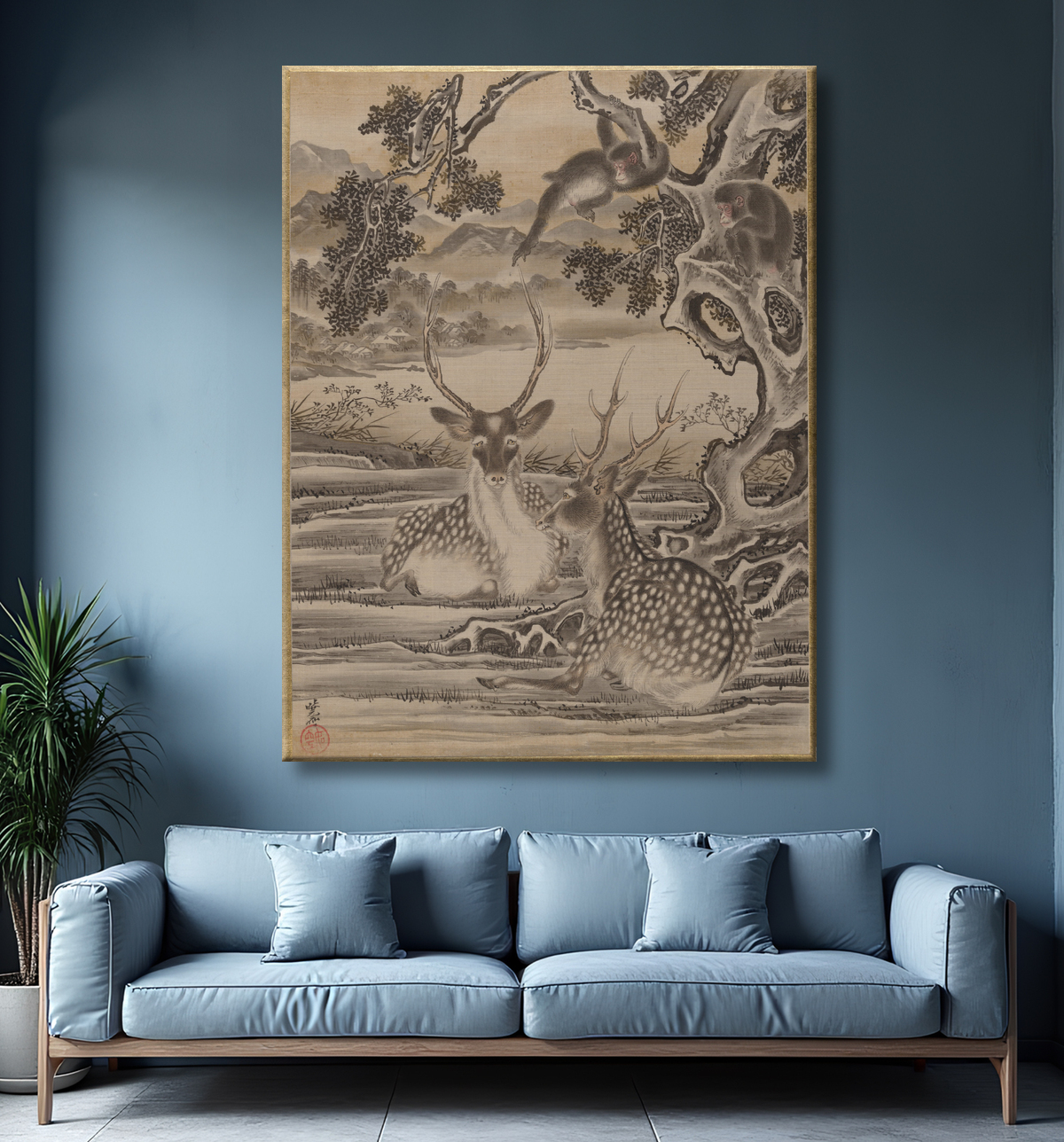 Reproduction Cerf et singes de Kawanabe Kyōsai 河鍋暁斎 avec decor