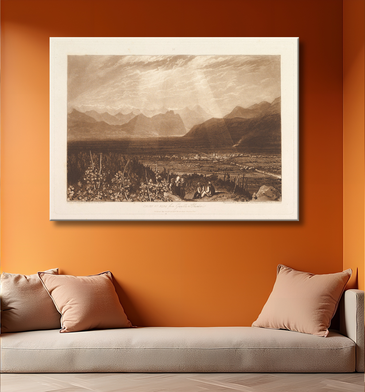 Reproduction Chaîne des Alpes de Grenoble à Chamberi (Liber Studiorum, partie X, planche 49) de Joseph Mallord William Turner avec decor