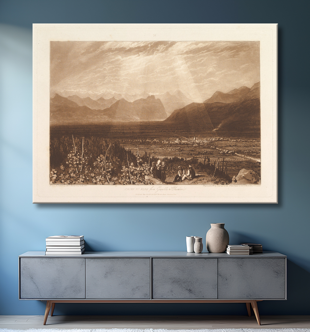 Reproduction Chaîne des Alpes de Grenoble à Chamberi (Liber Studiorum, partie X, planche 49) de Joseph Mallord William Turner avec decor