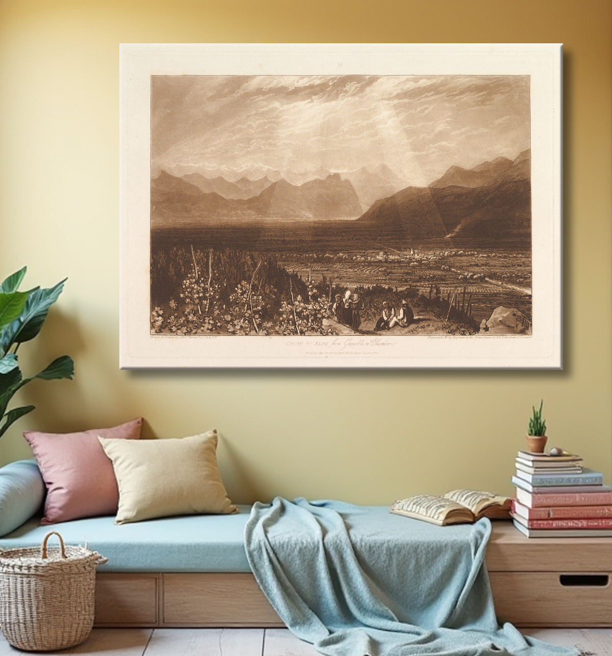 Reproduction Chaîne des Alpes de Grenoble à Chamberi (Liber Studiorum, partie X, planche 49) de Joseph Mallord William Turner avec decor