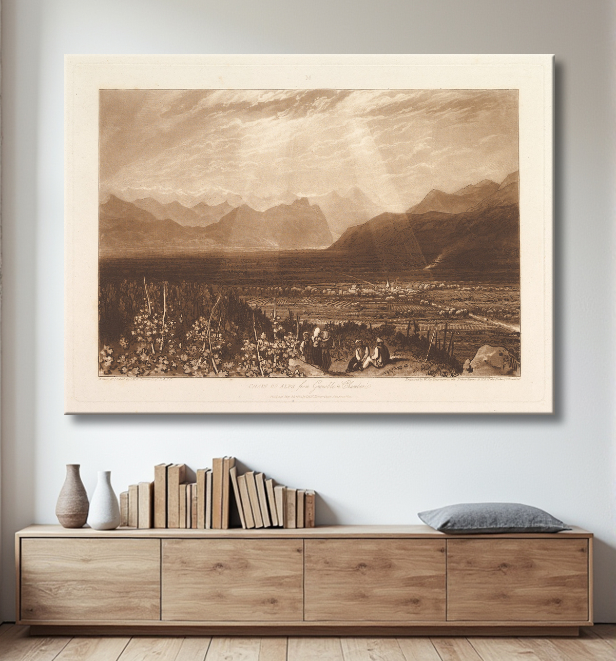Reproduction Chaîne des Alpes de Grenoble à Chamberi (Liber Studiorum, partie X, planche 49) de Joseph Mallord William Turner avec decor