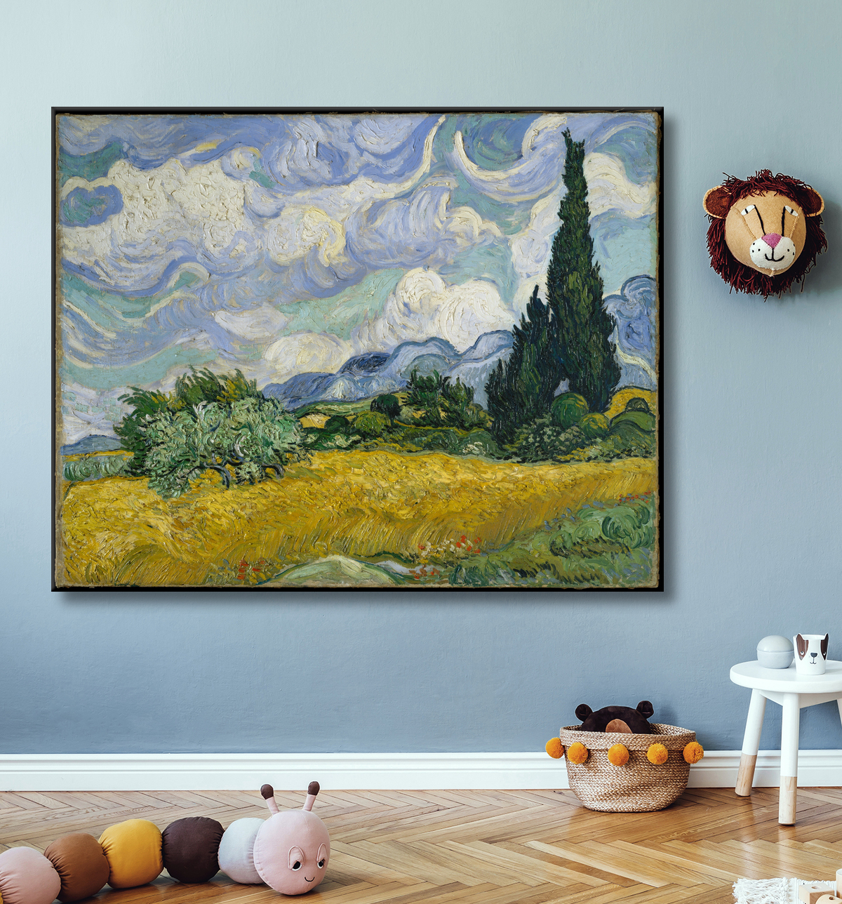 Reproduction Champ de blé aux cyprès de Vincent van Gogh avec decor