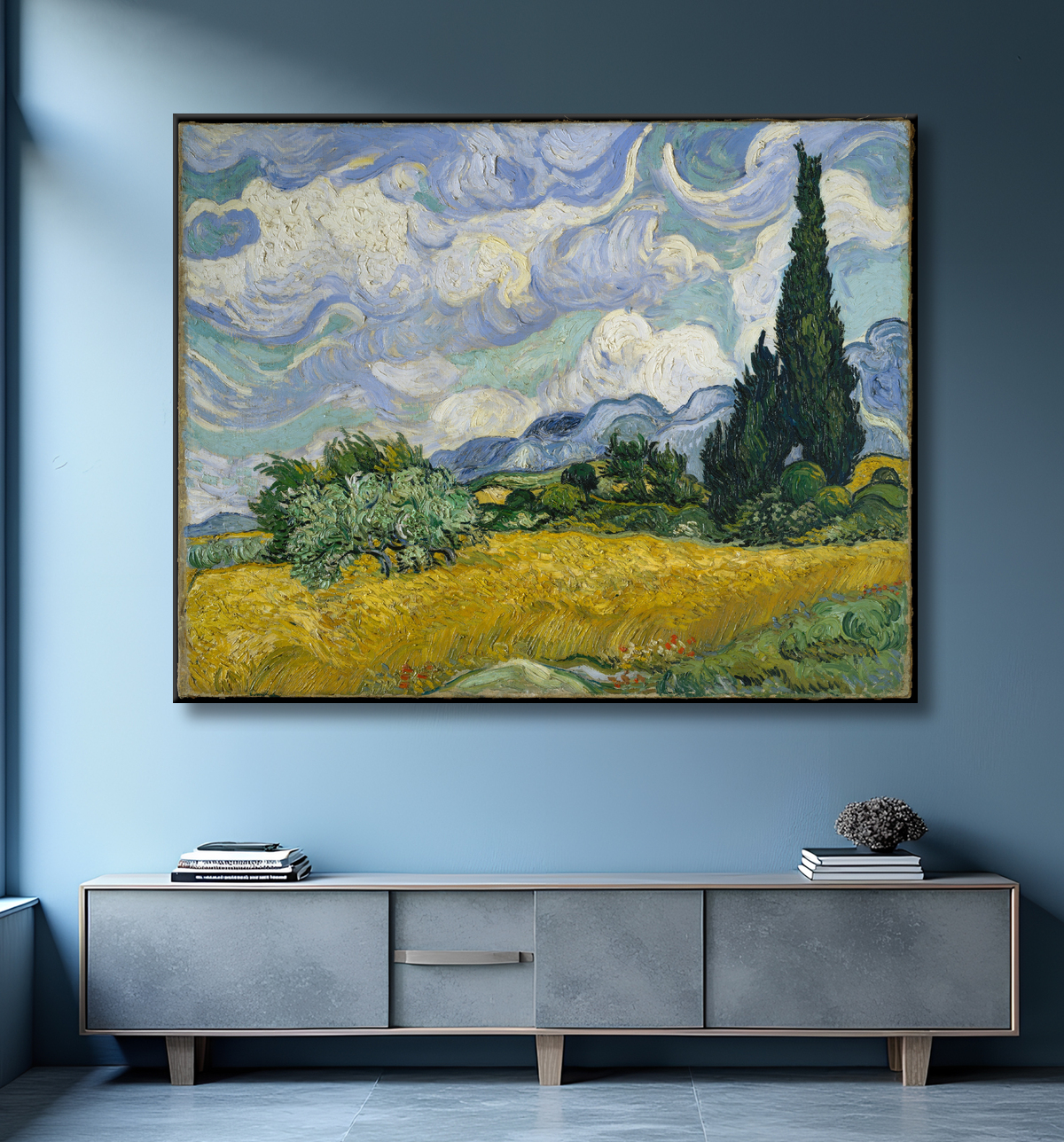 Reproduction Champ de blé aux cyprès de Vincent van Gogh avec decor
