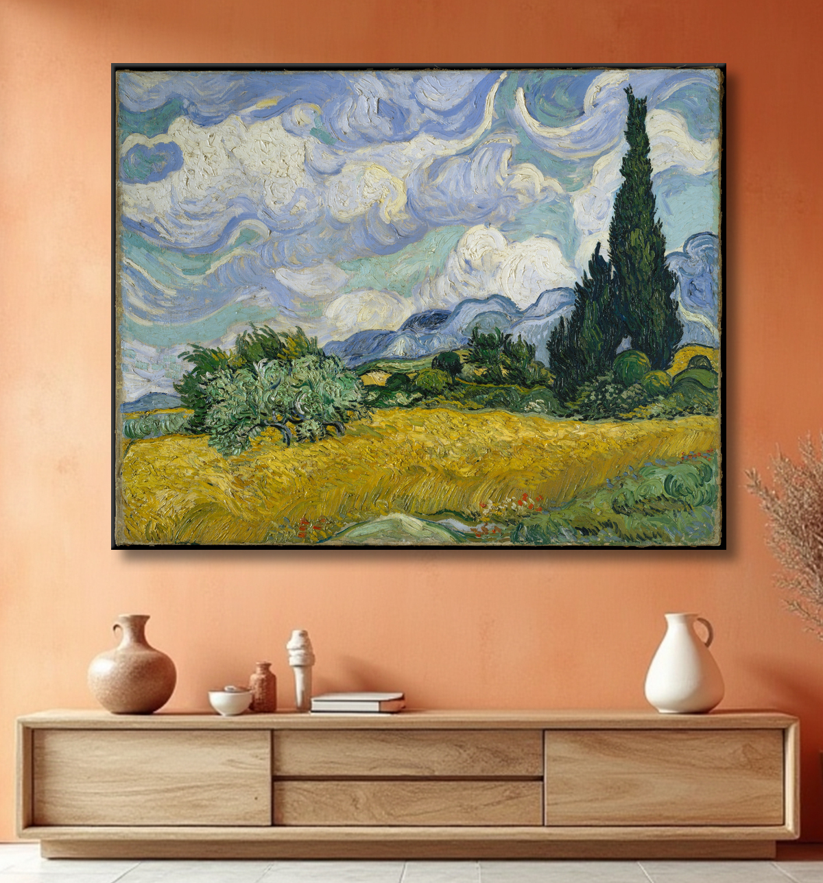 Reproduction Champ de blé aux cyprès de Vincent van Gogh avec decor