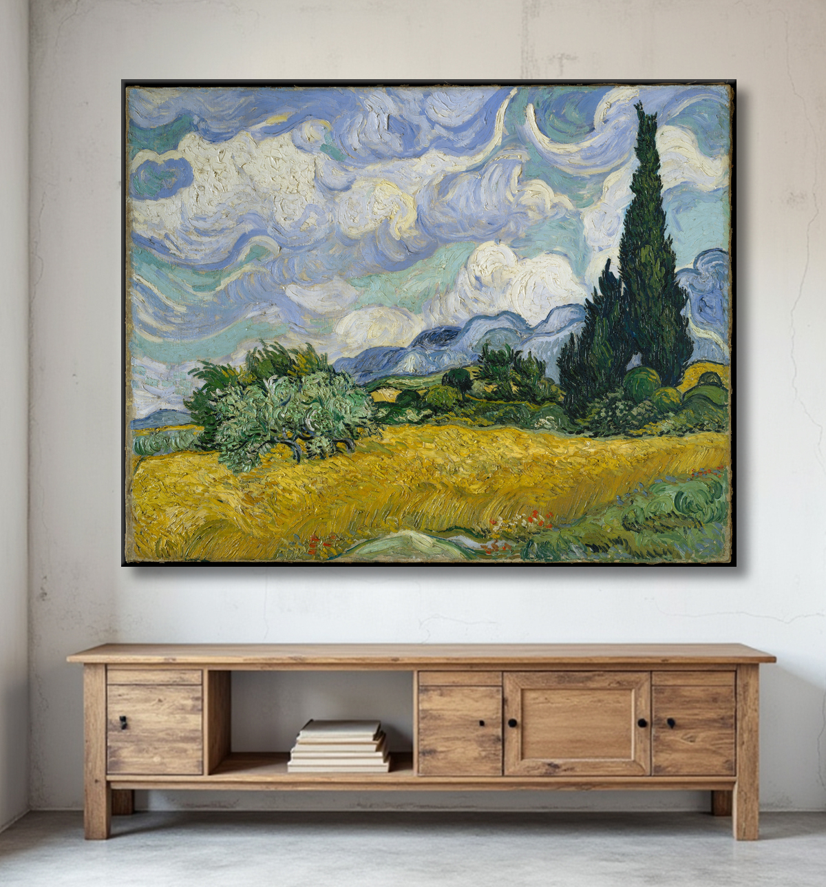 Reproduction Champ de blé aux cyprès de Vincent van Gogh avec decor
