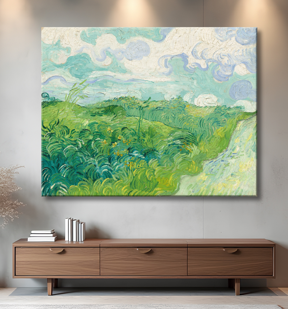 Reproduction Van Gogh : Champs de blé verts, Auvers  avec decor